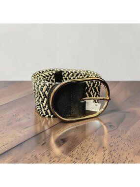 LOFT Woven Belt With Gold Buckle Black & Beige Medium 35"L x 2"W New Old Stock